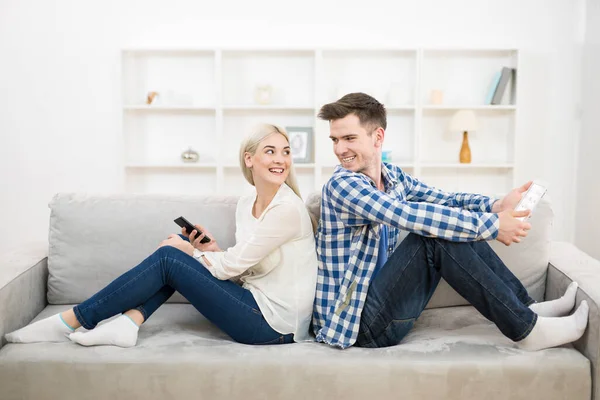 Woman Blonde Bed Sit Young Home Room Couch Sofa Couple Stock Image