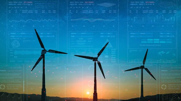 Wind Turbines Blue Sky Holographic Background — Stock Photo, Image