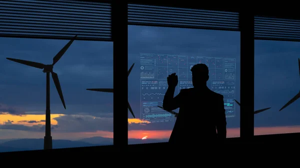 Businessman Working Virtual Screen Wind Turbines Background — Stock Photo, Image