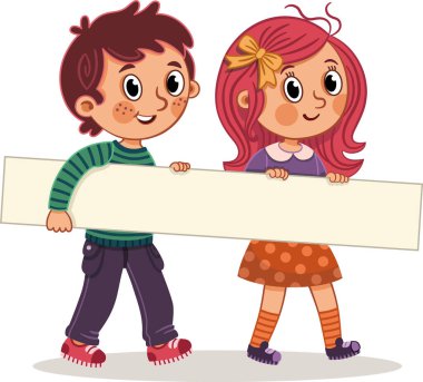 Çocuklar boş tahta tutuyorlar. Mesaj için yer var. İzole vektör illüstrasyonu.