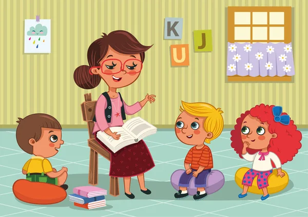 Anaokulu öğrencileri ve bir öğretmenin vektör illüstrasyonu.