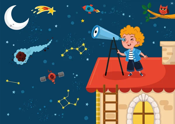 Niño Amante Ciencia Observa Espacio Techo Con Telescopio Ilustración Vectorial — Archivo Imágenes Vectoriales