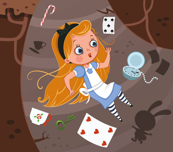 Alice and the rabbit hole. Vector illustration.