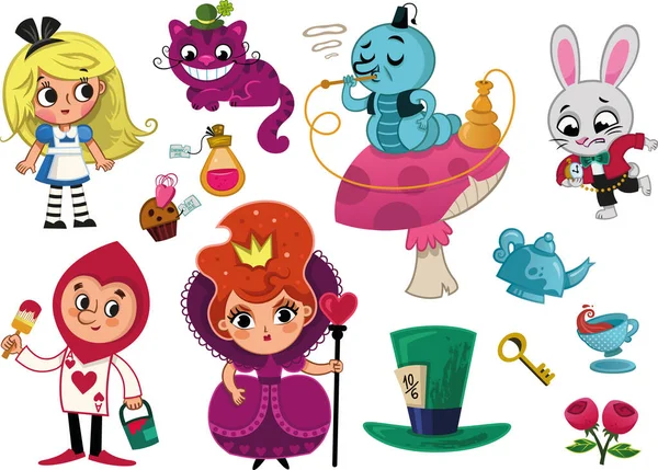 Alice Wonderland Characters Elements Inglés Ilustración Vectorial — Archivo Imágenes Vectoriales
