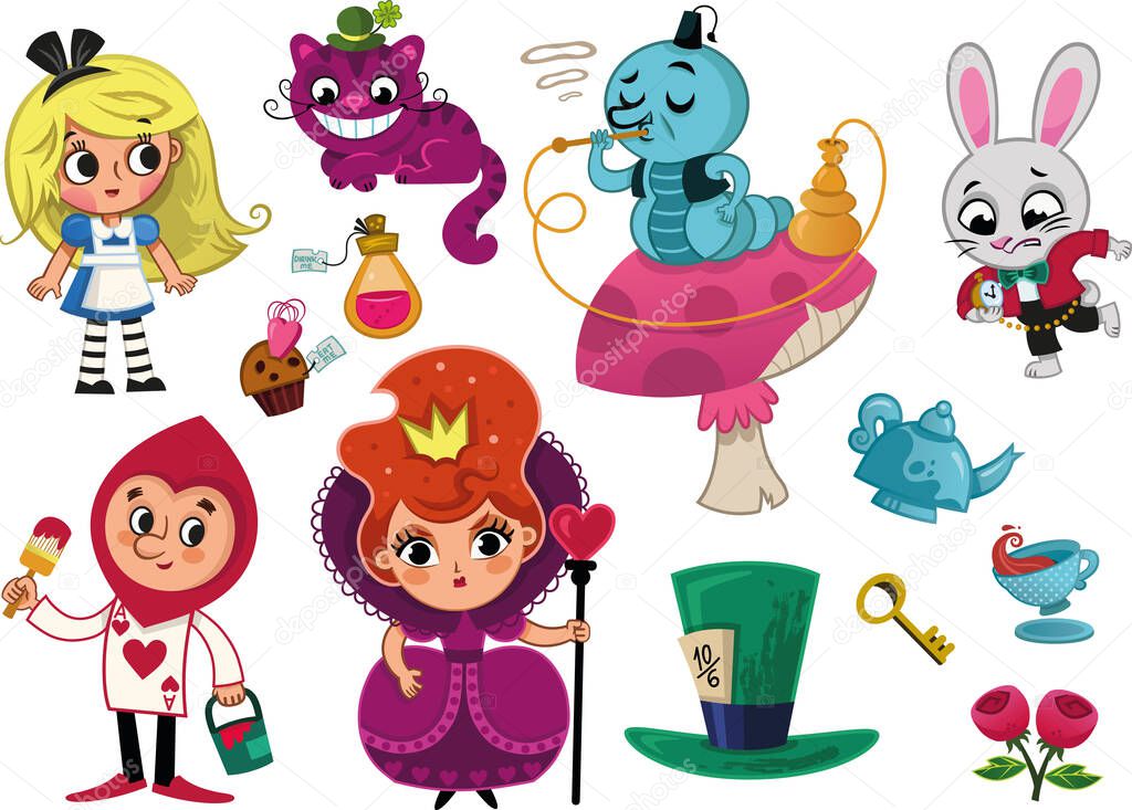 Alice in Wonderland Characters and Elements. Vector Illustration.