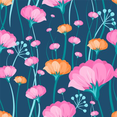 Çiçek desenli vektör kusursuz. Pembe, turuncu tomurcuklar ve koyu mavi arka planda çiçekler. Dalgalı kıvırcık kökler. Moda tekstil, kağıt ve kapaklar için güzel bir uyum.