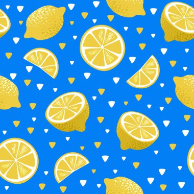 Sarı limon meyveli tropikal renksiz desen. Moda kıyafet tasarımı, parlak yiyecek baskısı. Vektör narenciye çizimi. Mavi arka plan, yeşil, mor yapraklar, limon dilimleri.