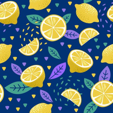 Sarı limon meyveli tropikal renksiz desen. Moda kıyafet tasarımı, parlak yiyecek baskısı. Vektör narenciye çizimi. Mavi arka plan, yeşil, mor yapraklar, limon dilimleri.
