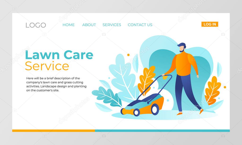 A male bearded gardener mows the grass with a lawn mower vector illustration. Design concept of landing page for yard care and lawn mowing services. A man trimming the lawn and grass.