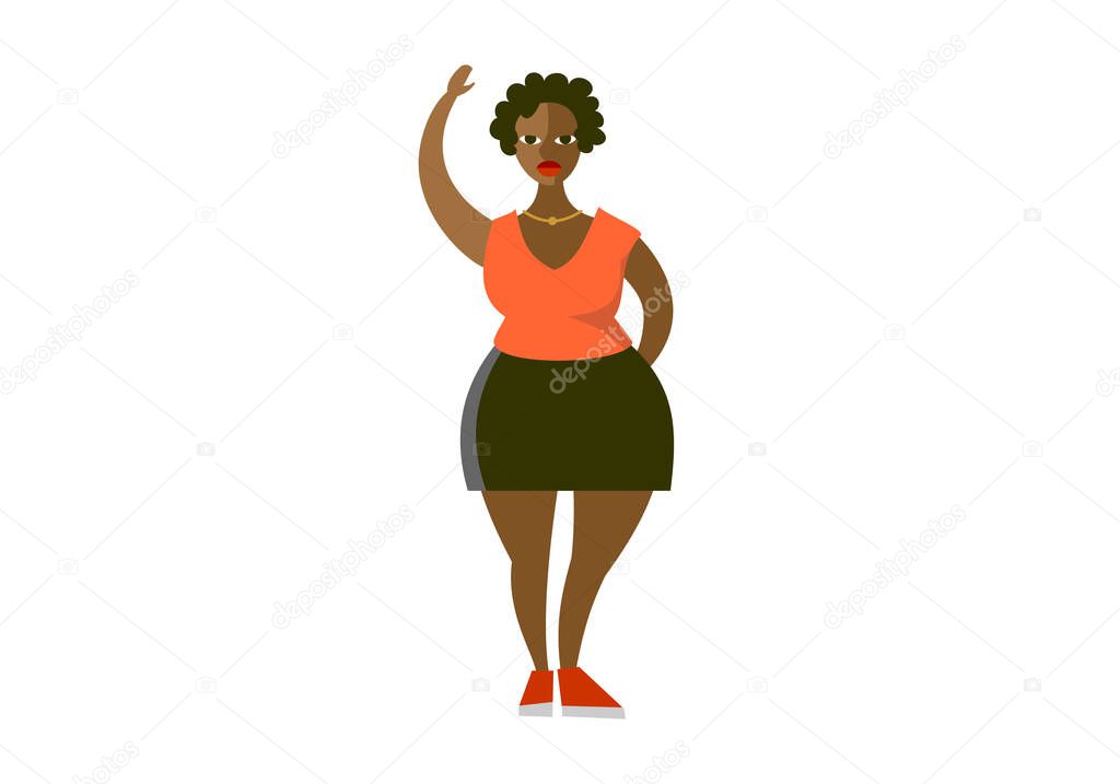 Plump curvy african american woman flat vector illustration. Plus size cartoon character wearing blouse and skirt. Body positive concept. Female raised her hand isolated on white background.