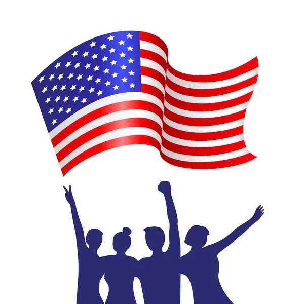 Čtyři Oslavující Lidé Americkou Vlajkou Friends Holding Usa Flag — Stockový vektor