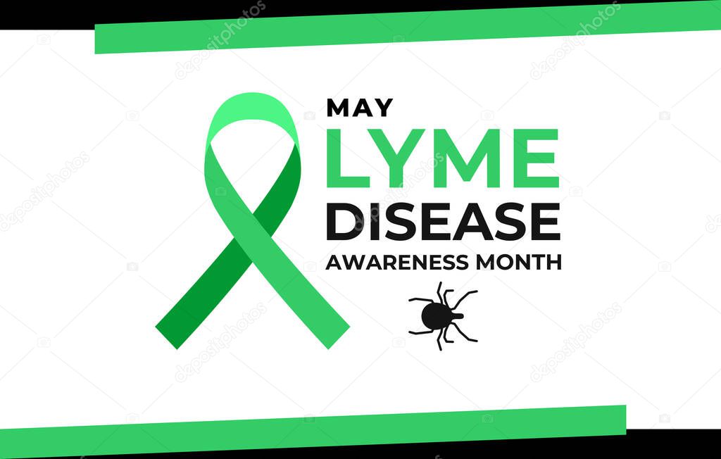 Lyme disease awareness month. Vector banner, warning poster for social media. Illustration of Lyme disease borreliosis. Green ribbon, text and image of the tick