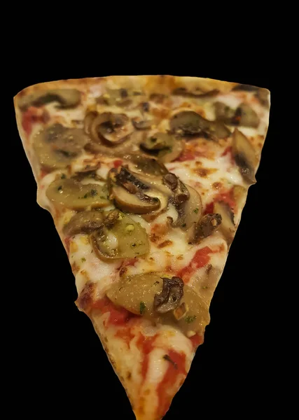 Mushroom Cheese Pizza Slice Isolated Black Background — Stock Photo, Image