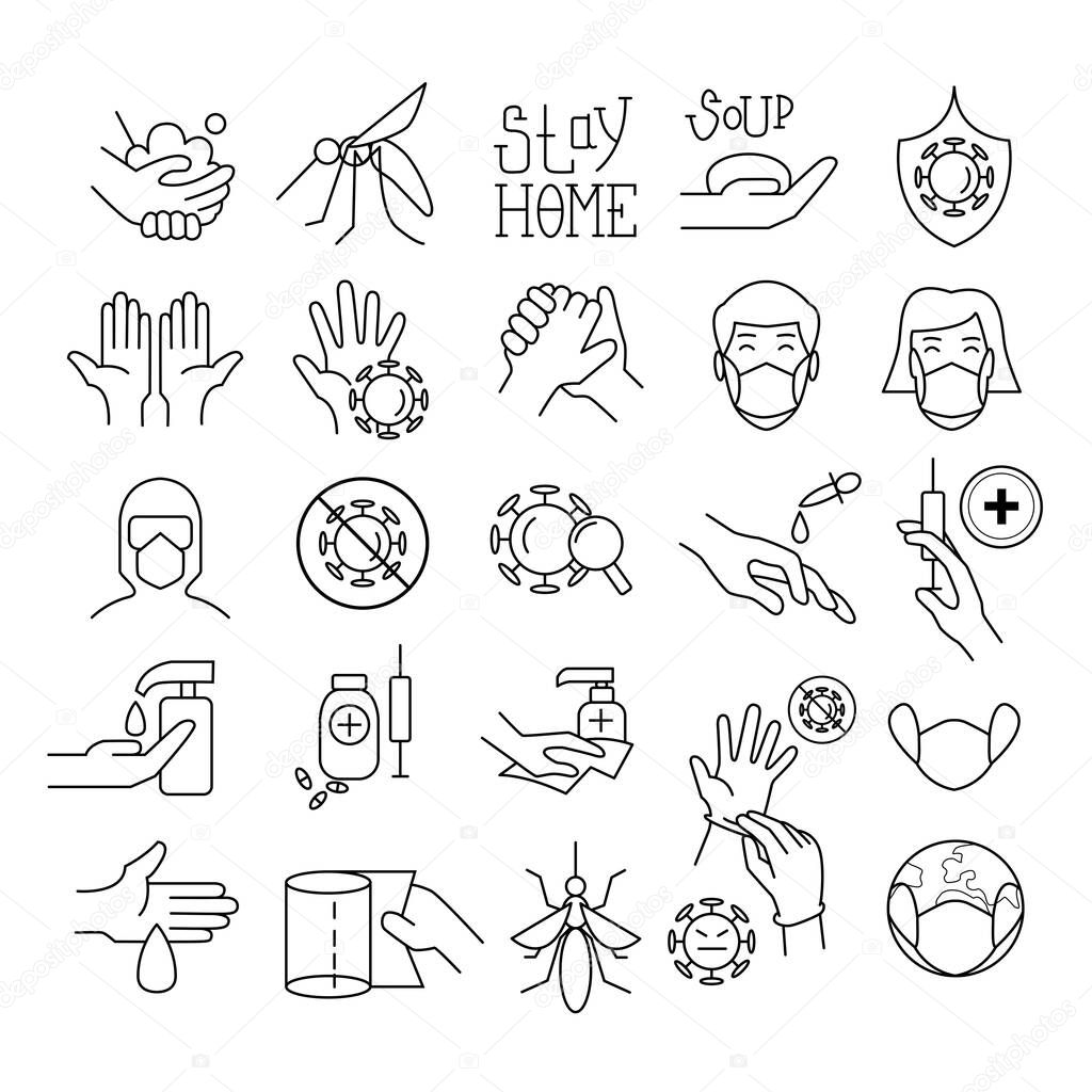 Hand washing line icon set, included icons us wash 