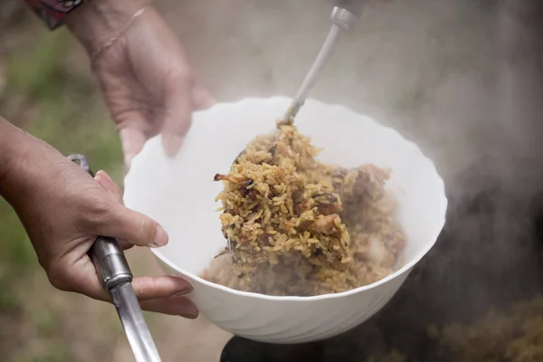 Pilaf, cooked outdoors — Stock Photo, Image