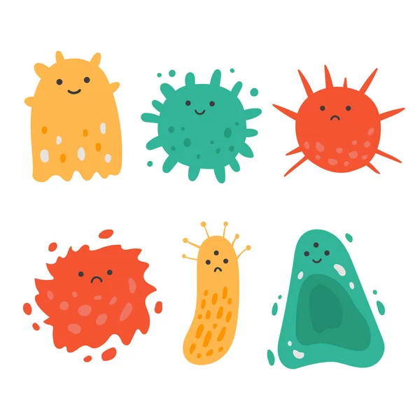 Conjunto Ilustrações Kawaii Vírus Personagens Desenhos Animados Bonitos Infecção Bacteriana —  Vetores de Stock