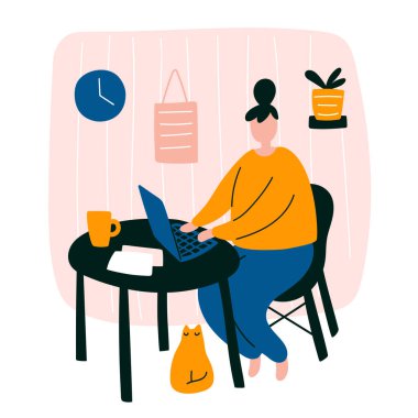 Evde çalışan bir kadın için güzel bir karalama çizimi. Kadın karakter serbest tasarımcı dizaynı ev ofis konsepti dizüstü bilgisayarı ve oda içinde küçük bir kediyle oturuyor. Öğrenci evinde okuyor.