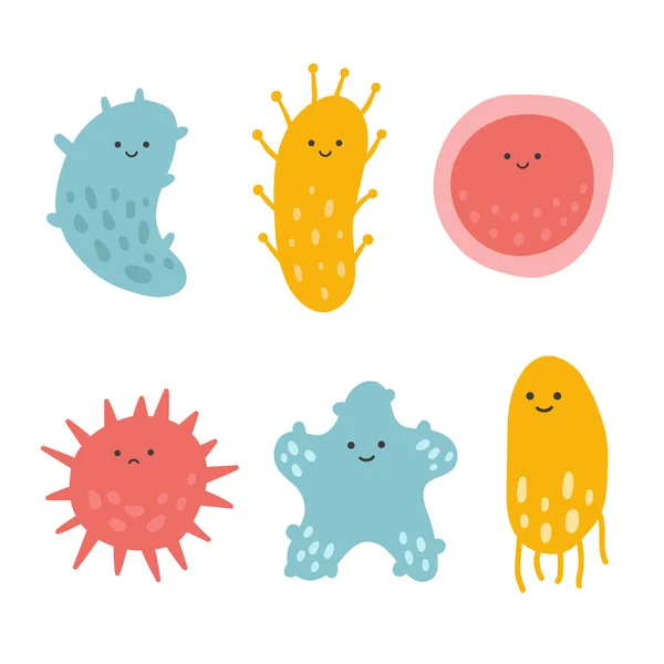 Caricatura Kawaii Personaje Virus Conjunto Ilustración Vectorial Bacterias Gripales Microbios — Vector de stock