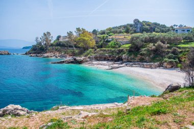 Yunanistan 'daki Korfu adası manzarası. Temiz turkuaz suyu ve ağaçları olan Rocky plajı. Körfezin güzel doğası. Yaz zamanı..
