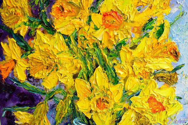 Pintura Óleo Hermosa Naturaleza Muerta Narcisos Banco Óleo Sobre Lienzo — Foto de Stock