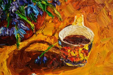 Yağlı boya vazoda bir buket mavi kardelen boyuyor. Orijinal resim. Tuval üzerinde 50 x 60 cm yağ. Parça. Yakın çekim..