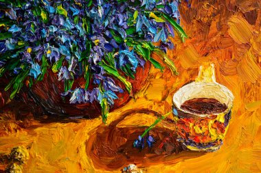 Yağlı boya vazoda bir buket mavi kardelen boyuyor. Orijinal resim. Tuval üzerinde 50 x 60 cm yağ. Parça. Yakın çekim..