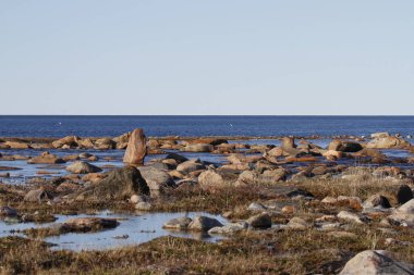 Arviat Nunavut Kanada yakınlarında, düz bir arazide suyla çevrili tek ayakta duran kaya.