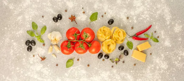 Fettuccine Con Ingredienti Cucinare Pasta Piano Pietra Grigia Vista Dall — Foto Stock