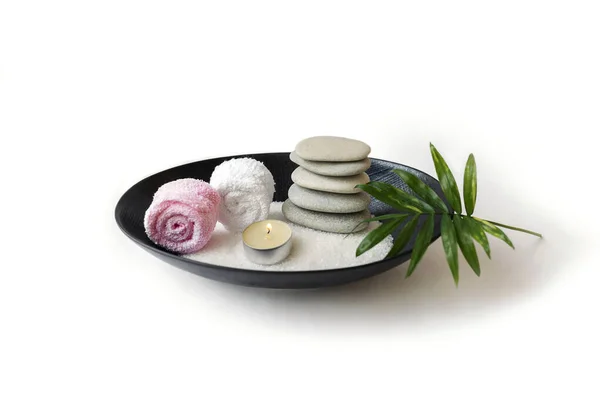 Spa Still Life Stones Burning Candles Cup Palm Leaf White — Stock Photo, Image