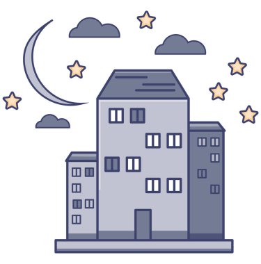 Gökyüzüne ve aya karşı yüksek binalar. Vektör illüstrasyonu