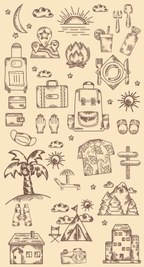 El çizimleri, yol, seyahat, ulaşım, tatil. Eski model. Çizgi