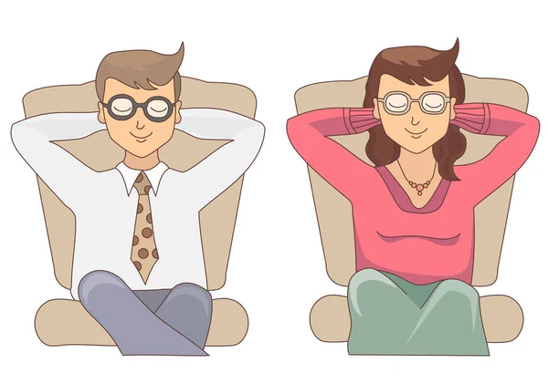 2人のベクトルイラスト。男と女が椅子に座って夢を見ている。彼らは目を閉じてリラックスした。休みなさい。 — ストックベクタ