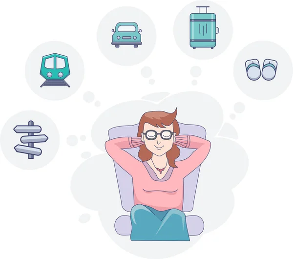 Girl sits with her eyes closed resting and dreaming of a journey on a light background. Above it are drawings for travel and relaxation. Vector drawing —  Vetores de Stock