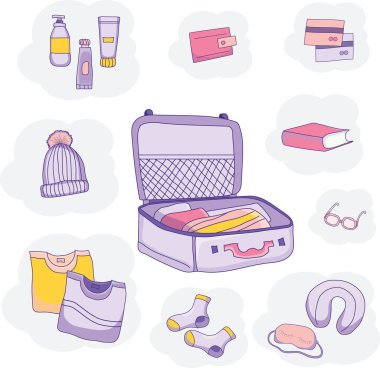 Bagajın vektör resimleri, mavi arka planda giysiler. Seyahat etmek için bir bavul hazırlıyoruz. İyi yolculuklar..