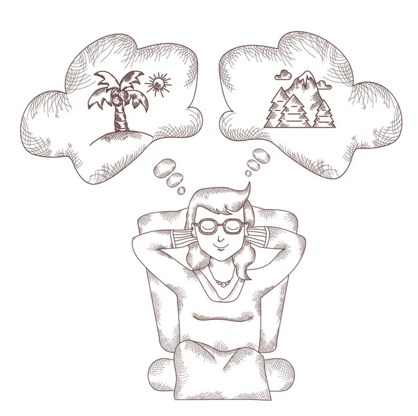 Girl sits and dreams of rest with her eyes closed. Above it is cloud with pictures of nature - palm trees with the sun and mountains with trees.Vector illustration. Line, hand drawn doodle — Image vectorielle