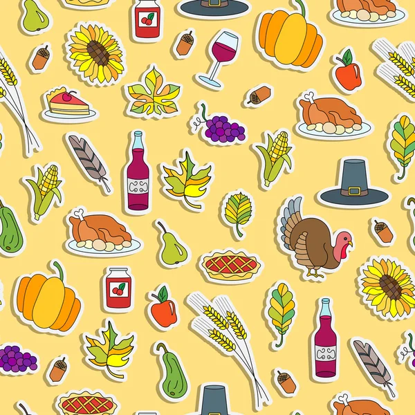 Vzor bezešvé s jednoduchých ikon na téma kuchyňské doplňky a potraviny, Barevná ikona v podobě stickerson na modrém pozadí — Stockový vektor