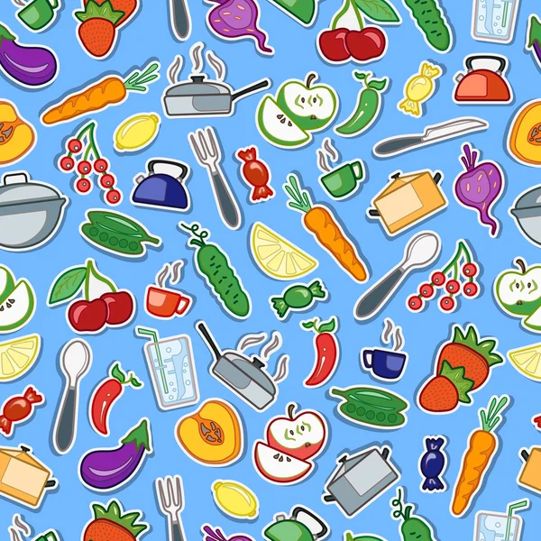 Patrón sin costuras con iconos simples en un tema accesorios de cocina y alimentos, icono de color en forma de stickerson sobre un fondo azul — Vector de stock