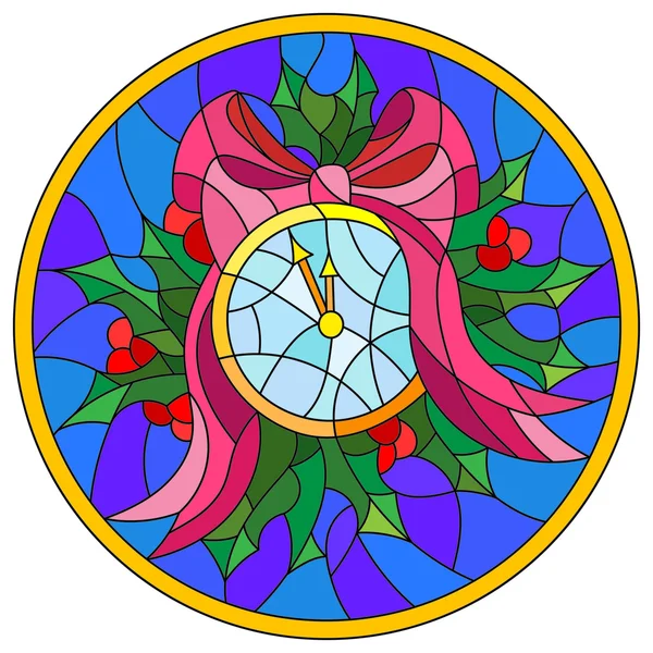 Ilustración en estilo vidriera con reloj redondo que muestra la medianoche, ramas Holly y arco sobre fondo azul, marco redondo — Archivo Imágenes Vectoriales