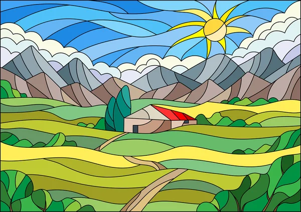 Ilustración en paisaje de estilo vidriera con una casa solitaria en medio de campos, montañas y cielo — Vector de stock