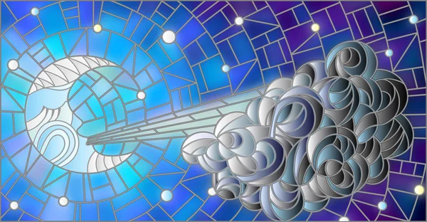 Ilustración de vidrieras con luna de hadas soplando una nube contra el cielo estrellado — Vector de stock