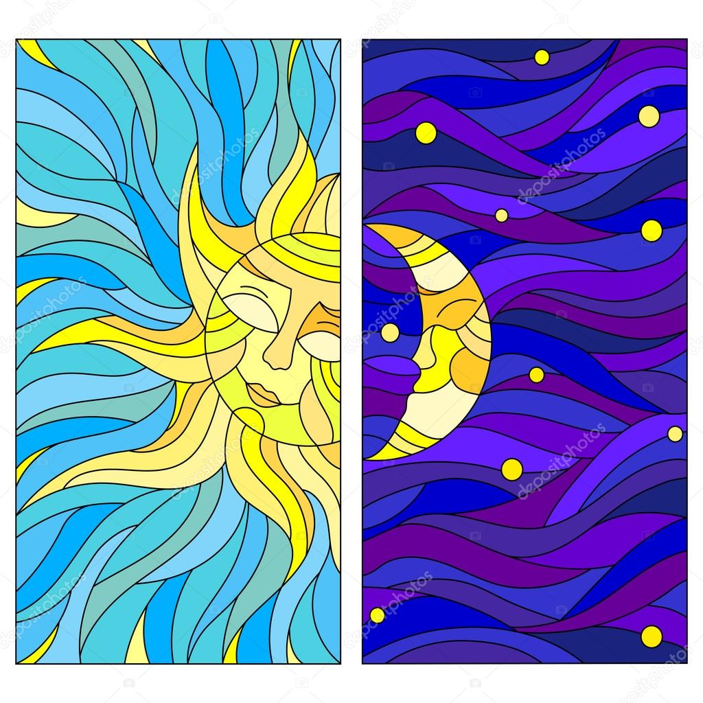 Una serie di illustrazioni di vetro colorato con il sole e la luna nel cielo —