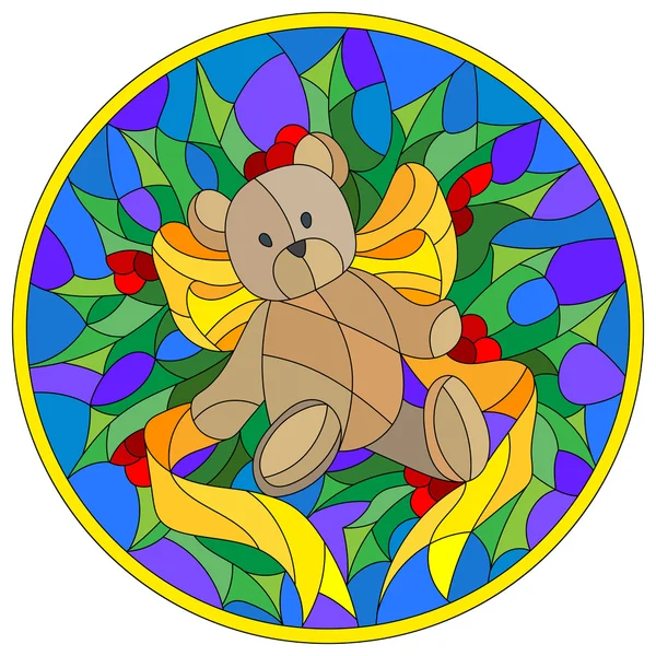 Illustrazione in stile vetrate con un orsacchiotto, nastro e rami Holly su uno sfondo blu, cornice rotonda — Vettoriale Stock