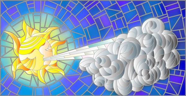 Χρωματισμένο γυαλί εικονογράφηση με ήλιο νεράιδα φυσώντας ένα σύννεφο ενάντια στον ουρανό — Διανυσματικό Αρχείο