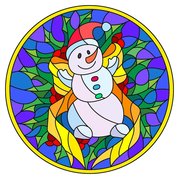 Illustrazione in stile vetrate con un divertente pupazzo di neve, nastro e rami Holly su uno sfondo blu, cornice rotonda — Vettoriale Stock