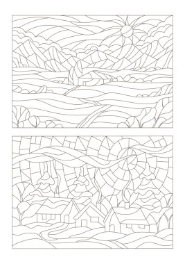 Manzara ile renkli cam Windows kontur çizimleri ayarla