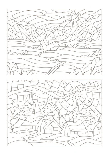 Conjunto de ilustraciones del contorno de las vidrieras con paisajes — Vector de stock