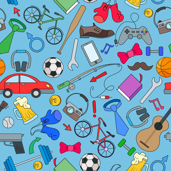 Seamless pattern on the theme of male Hobbies and habits,simple hand-drawn  icons on white background