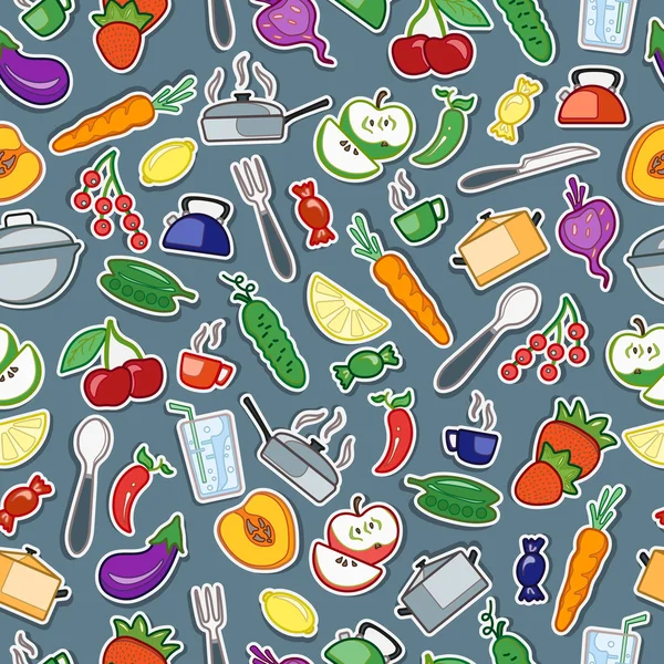 Patrón sin costuras con iconos simples en un tema accesorios de cocina y alimentos, icono de color sobre un fondo gris — Vector de stock