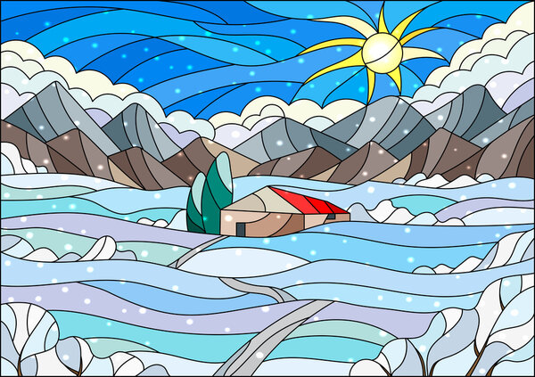 Illustration in stained glass style with abstract winter landscape,a lonely house amid fields, mountains , sky and falling snow