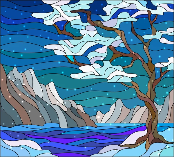 Illustration i målat glas stil med abstrakt vinterlandskap, trädet på bakgrunden av vatten, berg och sky — Stock vektor